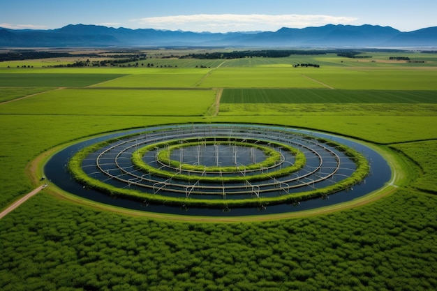 Photo aerial view of a large circular irrigation system in a meadow