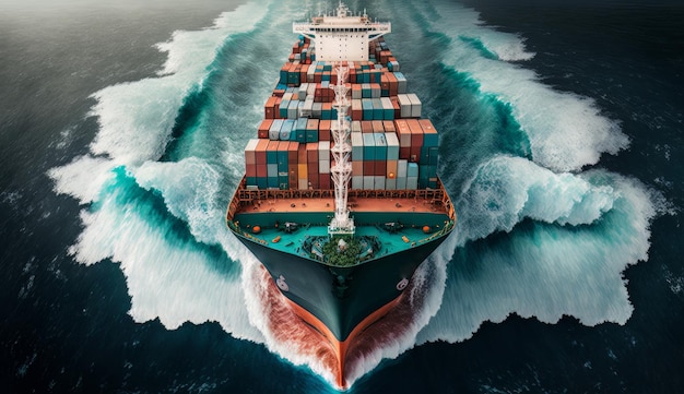 Aerial view of a large container ship in the ocean Generative AI