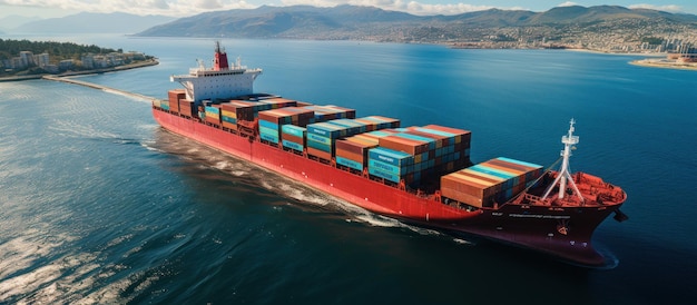 Aerial view of a large container ship in the sea Freight transportation and logistics concept