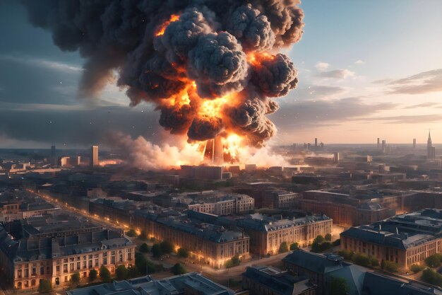 Aerial view of a large explosion in the city cityscape with burning buildings