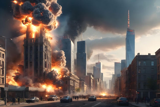 Воздушный вид большого взрыва в городе Cityscape с горящими зданиями