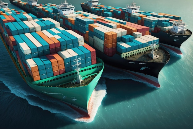 Aerial view of large group of container ships in the sea Generative AI