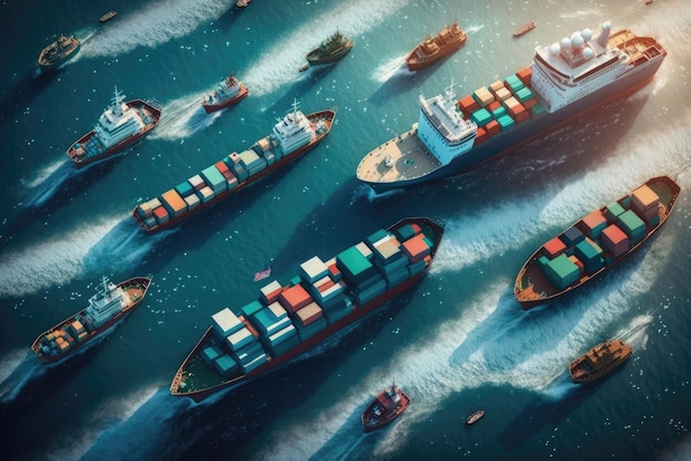 Aerial view of large group of container ships in the sea Generative AI