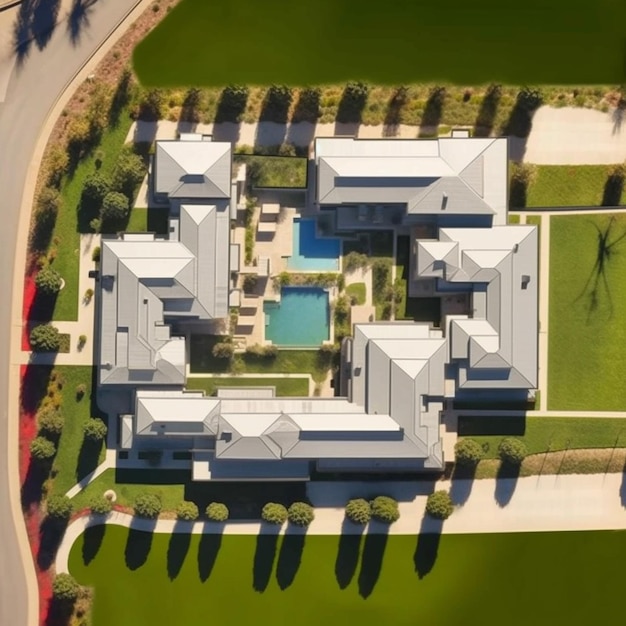 수영장과 잔디 생성 AI가 있는 큰 집의 공중 전망