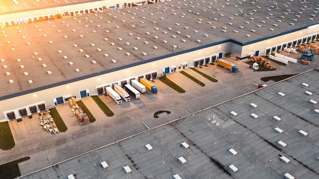 Aerial view of a large modern factory for the production of household electrical appliances many cars are parked near the production building