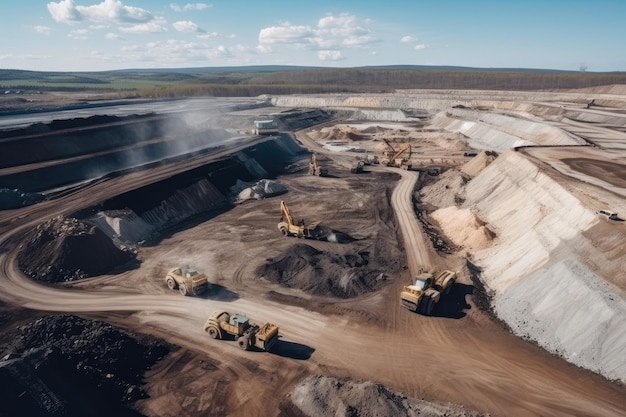 Aerial view of a large openpit mine with trucks and heavy machinery excavating valuable resources