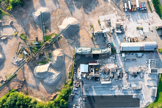 Aerial view of a large plant for the production of asphalt cement and concrete concretemixing plant