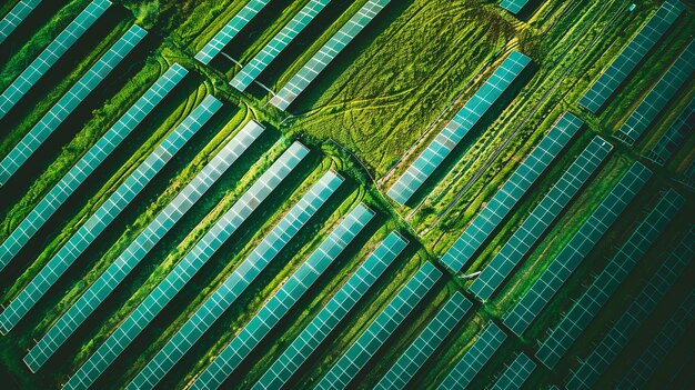 An aerial view of a large solar farm The solar panels are arranged in long rows and they are surrounded by green grass