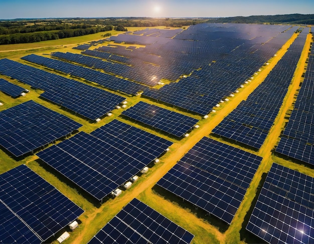 Aerial view of large sustainable electrical power plant with rows of solar photovoltaic panels for producing clean electric energy Concept of renewable electricity with zero emission