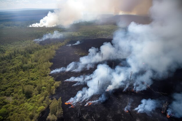 Aerial view of lava flow consuming forest with smoke rising from the flames