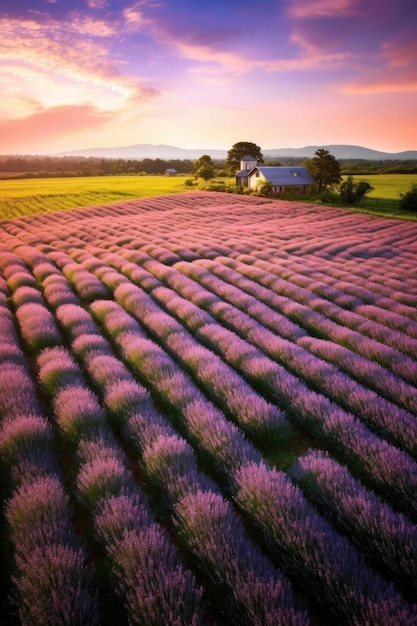 Aerial view of a lavender field in full bloom created with generative ai