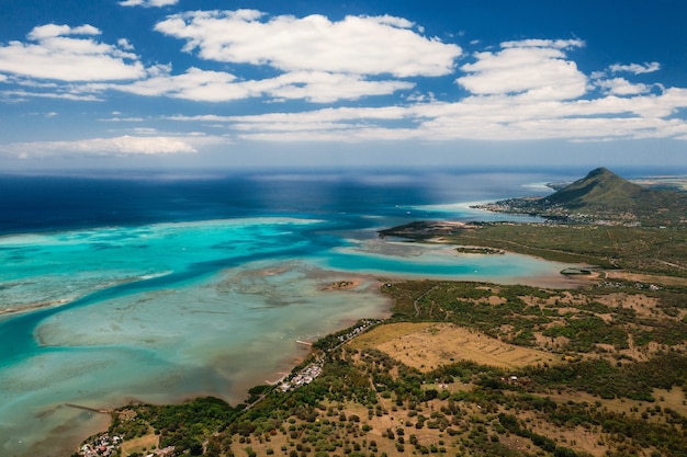 Aerial view of Le Morne Brabant mountain which is in the World Heritage list of the UNESCO.