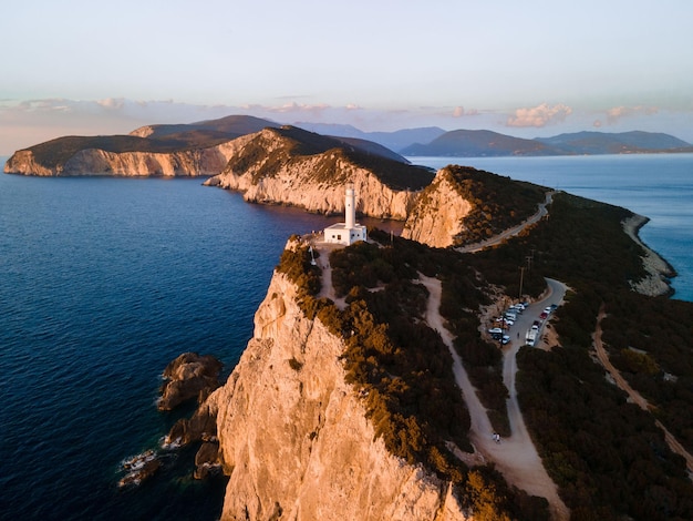 Aerial view of Lefkada island lighthouse at the cliff