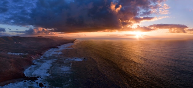 Aerial view of Legzira beach at sunset