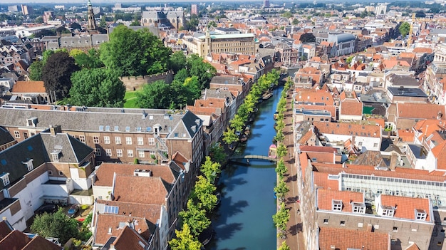 Aerial view of Leiden town from above typical Dutch city skyline with canals and houses Holland