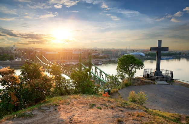 Aerial view of Liberty bridge in Budapest at sunrise