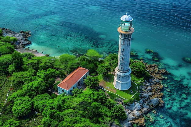 Aerial View of Lighthouse in the Middle of the Ocean Generative AI