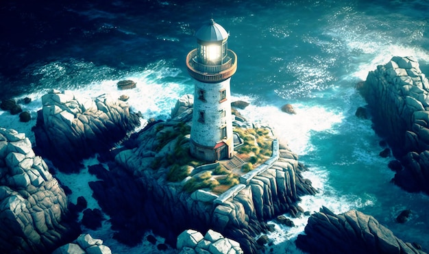 Aerial view of a lighthouse on a rocky coast