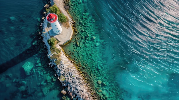 Aerial view of a lighthouse on a rocky coastline with swirling sea