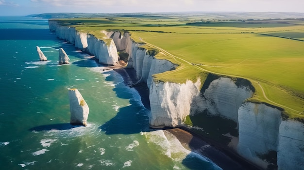 Aerial view of limestone cliffs and stacks with countryside at Old Harry Rocks in Dorset UK