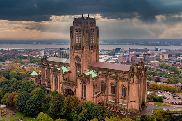 Aerial view of the Liverpool Cathedral or the Cathedral Church of the Risen Christ in Liverpool, UK