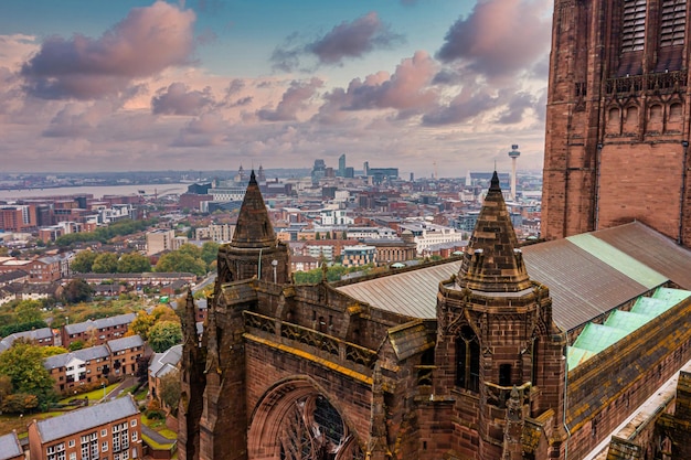 Aerial view of the Liverpool Cathedral or the Cathedral Church of the Risen Christ in Liverpool, UK