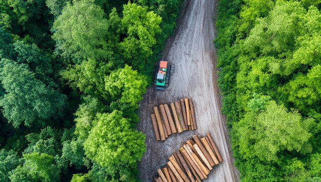 aerial view of logging site with stacked timber and surrounding forest
