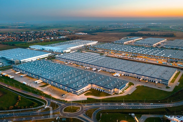 Aerial view of the logistics center in the evening