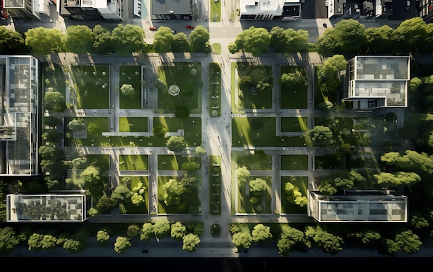 Photo aerial view of a long rectangular green floor street