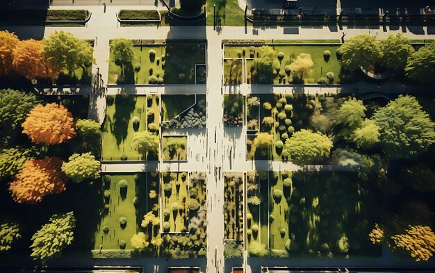 Aerial view of a long rectangular green floor street