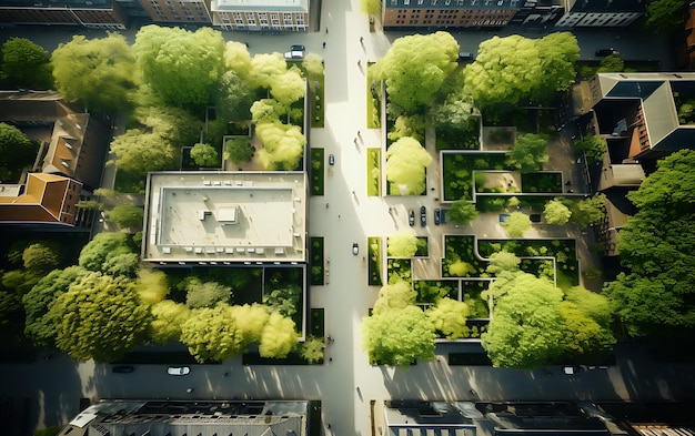 Aerial view of a long rectangular green floor street