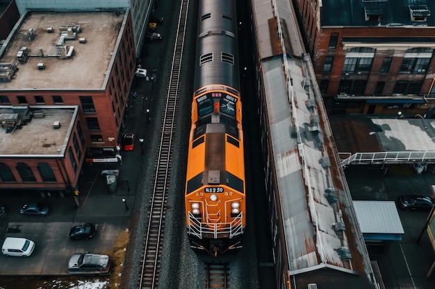 Photo an aerial view looking down at a train weaving its way through the busy city streets surrounded by towering skyscrapers and bustling crowds generative ai