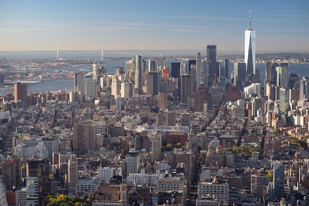 Aerial view of the Lower East Side of Manhattan with Brooklyn