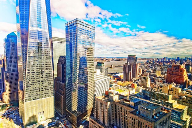 Aerial view on Lower Manhattan in New York, USA and Jersey City, New Jersey, USA, on the background. East River separates New York and New Jersey.