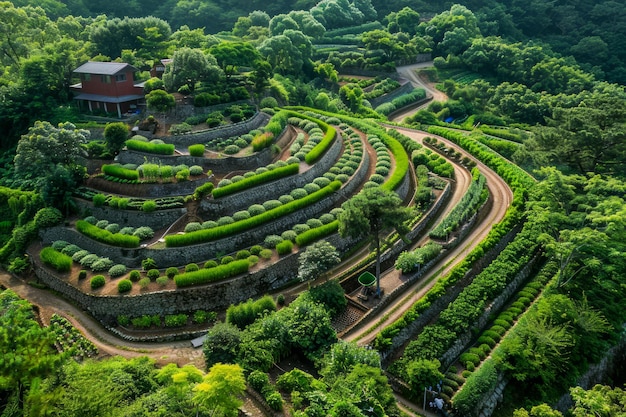 相対 的 な 植物 床 と 曲がりくねった 道 が ある 茂み の 緑 の 植物 園 の 空中 景色