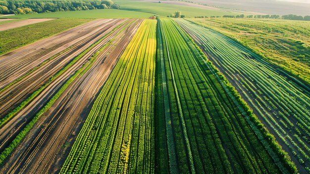 朝の太陽で成長する作物の列が並ぶ茂った緑の農場の空中景色