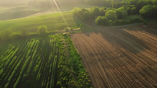 An aerial view of a lush green field with a dirt road running through it The field is surrounded by trees and there is a hill in the background