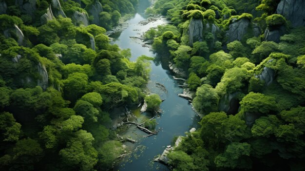 Photo aerial view of a lush green forest with a river