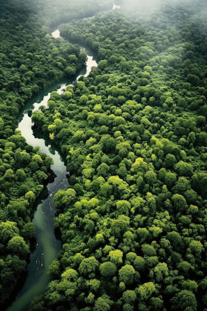 Aerial view of lush green forests and rivers created with generative ai