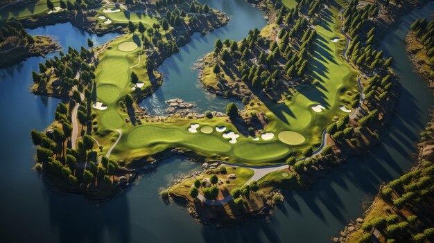 Aerial view of a lush green golf course nestled within a peaceful water oasis