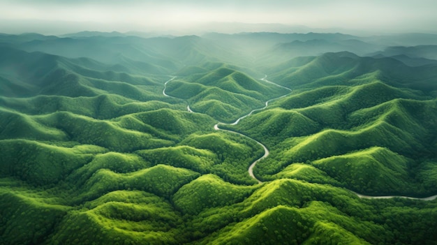 Взгляд с воздуха на пышную зеленую долину, созданную с помощью генеративной технологии искусственного интеллекта