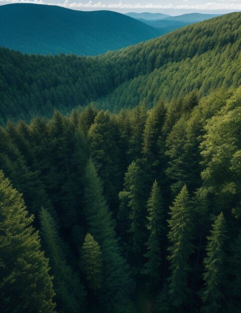 An aerial view of a lush mysterious forest with a tapestry of trees stretching out to the horizon