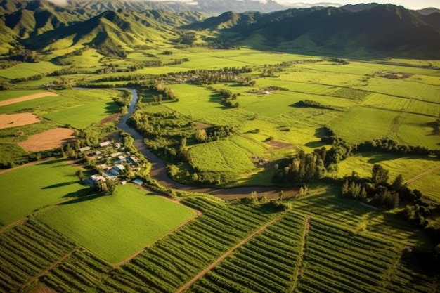 Вид с воздуха на пышные поля органической фермы, созданные с помощью генеративного ИИ