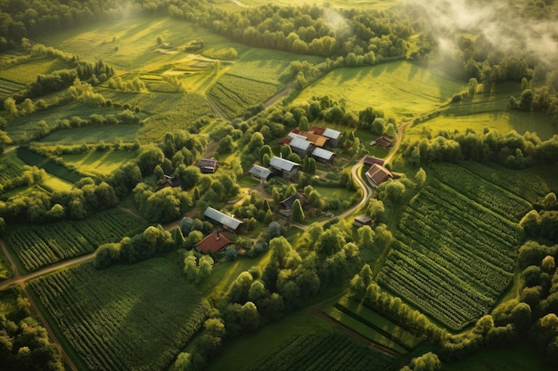 Aerial view of lush organic farmland created with generative ai