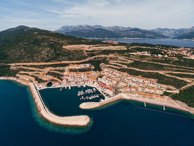 Aerial view to the lustica bay marina montenegro