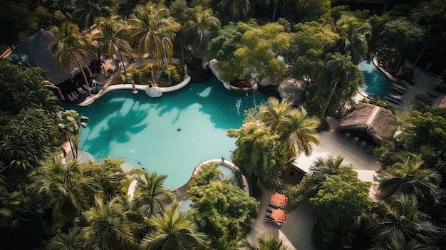 Aerial view of a luxurious modern oasis in a tropical jungle