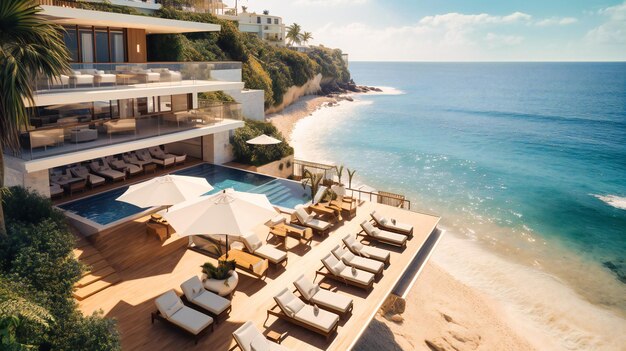 An aerial view of a luxurious terrace overlooking the sea with a tranquil and inviting ambiance