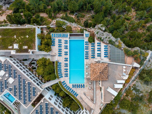 Aerial view of the luxury cliff house hotel on top of the cliff on the island of mallorca