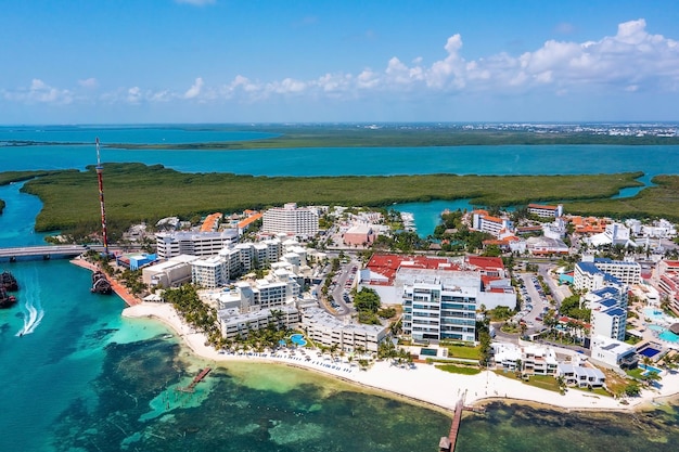 Aerial view of the luxury hotels in Cancun