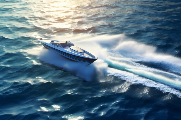 Aerial view of luxury motorboat floating on the sea